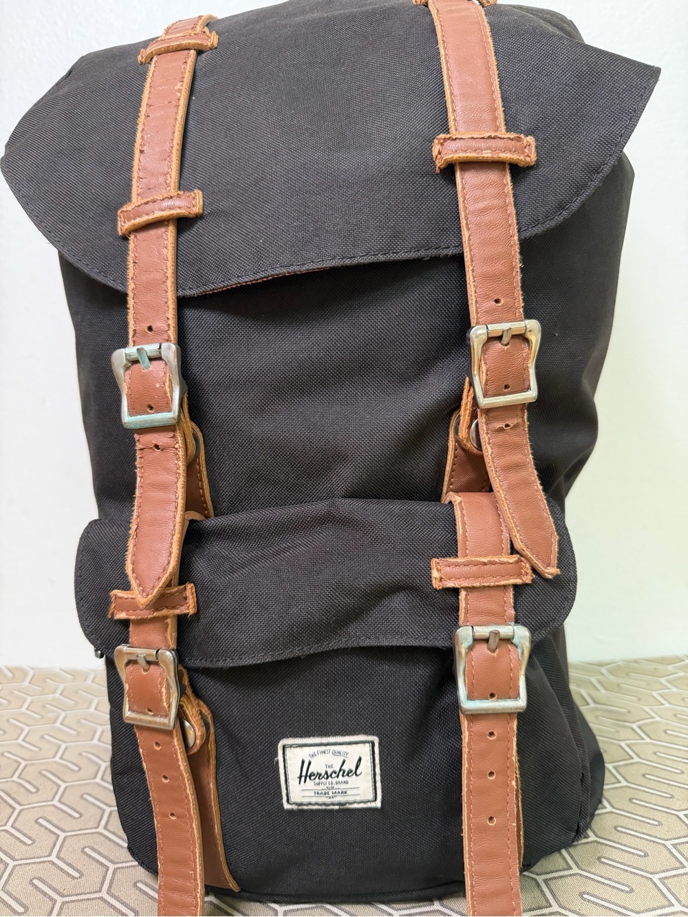 Herschel Supply Company Black Canvas Backpack with Brown Leather Straps